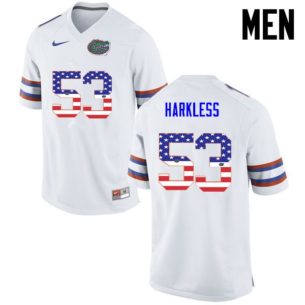 Florida Gators Men #53 Kavaris Harkless College Football Jersey USA Flag Fashion White